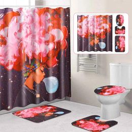 Shower Curtains 4pcs African Girl Curtain Pattern Bath Mat Toilet Pad Set Anti-slip Pedestal Rug Lid Cover Home Decor