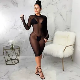 Casual Dresses Sexy Dress Bodycon Black See-through Long Sleeve Party Club Y2k Clothes Mesh Elastic Lightweight Loungewear