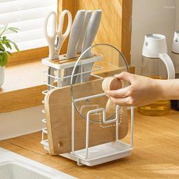 Kitchen Storage 3-in-1 Multifunctional Knife Block Cutting Board Stand Lid Holder With Drainer Tray Counter Organiser Iron Wire