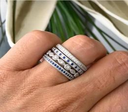 Cluster Rings Whole Clear Blue Cubic Zirconia Paved Engagement Band 4Pcs Stack Stackable 925 Sterling Silver Eternity CZ Finge22157986672