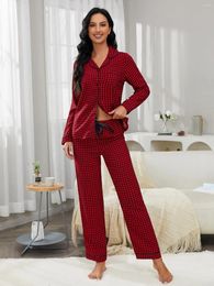 Home Clothing Long Sleeves Women's Pyjamas Sets Notched Collar Front Button Top & Plaid Pants 2 Pieces Sleepwear Homewear Nightwear Suit