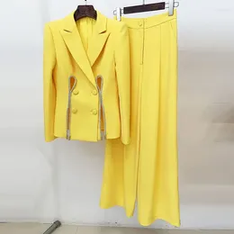 Women's Two Piece Pants Diamond Chain Suit Coats Women Set Yellow Hollow Out Blazers Wide Leg Long Trousers Suits Elastic Waist