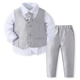 4Piece Spring Baby Boy Clothes Fashion Wedding Birthday Gentleman Suit VestShirtPantsTie Boutique Kids Clothing Set BC314 240512