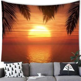 Tapestries Sunset Beach Tapestry Wall Handing With Palm Trees Silhouette Seaside Abstract For Bedroom Living Room Tablecloth