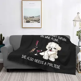 Blankets Maltese And Wine Funny Dog Blanket Soft Fleece Spring Warm Flannel Pet Lovers Throw For Sofa Home Bedroom Bedspread