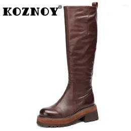 Boots Koznoy 5cm Natural Cow Genuine Leather Chimney Zipper Mid Calf Knee High Booties Women Autumn Spring Ladies Fashion Shoes
