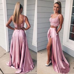 Pink Two Pieces Prom Dresses Scoop Neck Sleeveless Open Back Corset Lace Crop Top Sexy High Split Long Evening Party Gowns Sweep Train 2411