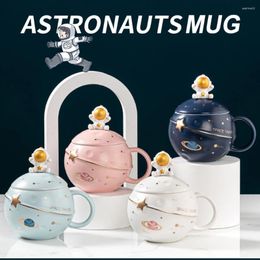 Mugs Novelty Embossed Planet Coffee Tea Mug Cute Cosmonaut Ceramic Couple Cup With Lid Spoon Pink Blue Star Gift For Family