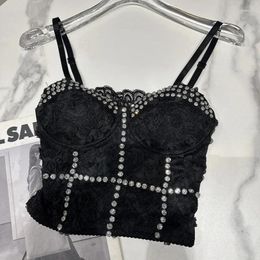 Women's Tanks All Season 2024 Fashion Spaghetti Strap Heavy Industry Big Diamonds Lace Bra Casual Short Top Black White Camis