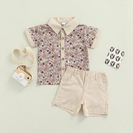 Clothing Sets 2 Pieces Kids Suit Set Floral Print Turn-Down Collar Short Sleeve Shirt Solid Colour Shorts For Boys 6 Months-4 Years