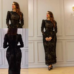 little black dress tealength 3d floral evening dresses with long sleeve yousef aljasmi lace arabic occasion prom gowns 295S