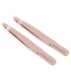 High quality Steel Slanted Tip Eyebrow Tweezers with brow comb Rose gold Face Hair Removal Clip Brow Trimmer Makeup Tool Accept lo5365039