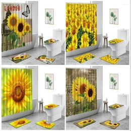 Shower Curtains Yellow Sunflower Curtain 3D Plant Flower Poster Wood Grain Bathroom Decor Bath Set Non-Slip Carpet Toilet Cover