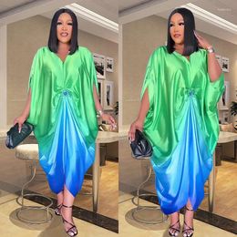 Ethnic Clothing Summer Gradient Color Boubou Robe Africain Femme Abaya Dashiki Short Sleeved V-neck Plus Size Maxi Dress For Women 2024