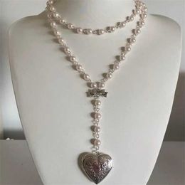 Beaded Necklaces Handmade Pearl Heart shaped Small Box Pendant Bead Chain Layered Necklace Rose Necklace d240514