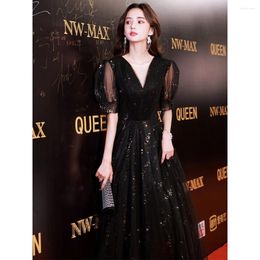 Party Dresses Black Sequined Evening Dress Women V-neck Bubble Sleeve Tulle Cocktail Elegant Modern A-Line Pleated Prom Gown
