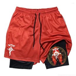 Men's Shorts Anime Print Fitness Workout 2 In 1 Compression Double Layer With Pockets Quick Drying Running M-3XL