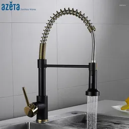 Kitchen Faucets Azeta Single Lever Pull Out Faucet Black Gold Brass Sink Taps 360 Rotation Sprayer Nozzle Mixer AT9804BG