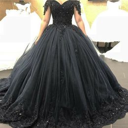Gothic Black Quinceanera Dresses Off Shoulder Lace Beaded Princess Tulle Ball Gown Plus Size Prom Party Gowns 303r