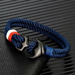 Charm Bracelets MKENDN Anchor Bracelets Men Double strand Nautical Surfer Waterproof Rope Bracelet Women Black Stainless Steel Sport Buckle Y240510