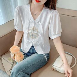 Women's Blouses Chinese Shirt 2024 National Style Summer Short-sleeved Jacquard Embroidery Plate Button Temperament Blouse Small