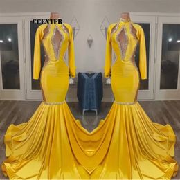 2023 Yellow gold Prom Dresses For Black Girls African Party Dress Long Sleeve Special Occasion evening Gown Mermaid robe de femme GW021 296P