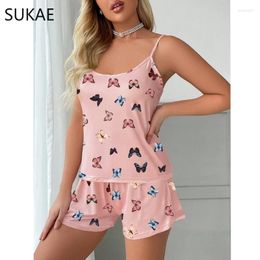 Home Clothing Sukae Chic Pink Butterflies Printed Female Lingerie Sleeveless Spaghetti Strap Pajama Set For Women Milk Silk Tank Top Short