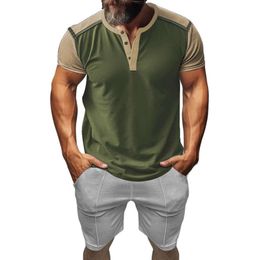 Summer New Men's Colored Short sleeved Henley Shirt Waffle Shorts 2-piece Set M514 47