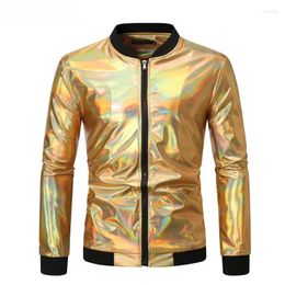 Men's Jackets Shiny Gold Metallic Mens And Coats 2024 Spring Zip Up Long Sleeve Baseball Jacket Party Stage Prom Bamber