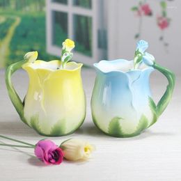 Coffee Pots 2024 European Style Enamel Ceramic Mug Creative 3D Rose Flower Shape Teacups Pastoral Milk Cups With Spoon Gifts