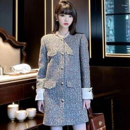 Casual Dresses Korean Women Tweed Colorful Embroidery Long Sleeve Grey Single Breasted Dress Autumn Winter O-Neck Short Brand