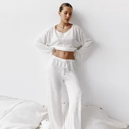 Home Clothing Sexy White Fashionable Long Sleeved Pants Pajamas Two-piece Set For Women's Wear