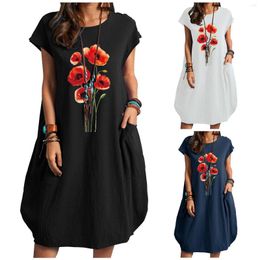Casual Dresses Solid Colour Short Sleeve Dress Womens Sunflower Print Loose Knee Length Cute Pocket T Shirt