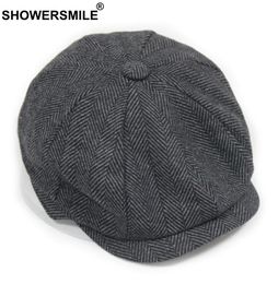 SHOWER Black Grey Wool Hat Man Newsboy Caps Herringbone Tweed Warm Winter Octagonal Hat Male Female Gatsby Retro Flat Caps S10209140834