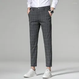 Men's Pants Spring And Summer Plaid Work Stretch Anlkle Length Men Cotton Business Slim Light Grey Black Male Brand Trouser 38