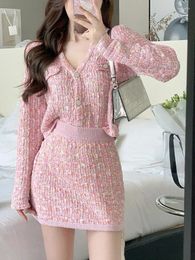 Work Dresses Two Piece Dress Set Sweet Cardigan Sweater Slim Skirt Pink Elegant Y2k Mini 2024 Autumn Office Lady Casual Knitted Suits
