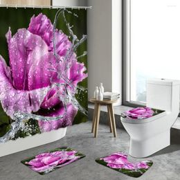 Shower Curtains Spring Flower Colour Rose Floral Bathroom Decor Sets Non-slip Carpet Toilet Bath Mat Flannel Rugs Washable Fabric