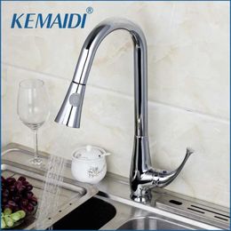 Kitchen Faucets KEMAIDI Two Function Mixer Chrome Finished Solid Brass Water Power Swivel Spout Pull Out Vessel Sink Tap