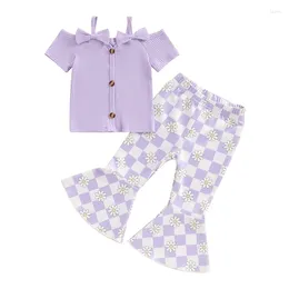 Clothing Sets Toddler Girls Summer Outfits Ribbed Knit Short Sleeve Cold Shoulder Tops Checkerboard Daisy Print Flare Pants 2Pcs Clothes Set