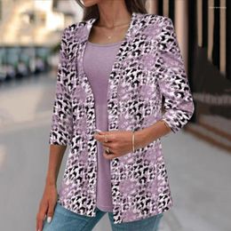 Women's Blouses Women Jacket Cardigan Leopard Print With Three Quarter Sleeves Lapel Collar Open Stitch Detail For Office