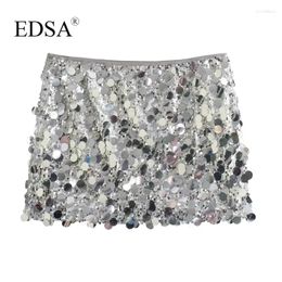 Skirts EDSA Women Fashion Mini Skirt With Sequined Silver Side Zipper Vintage High Waist Female Chic Lady