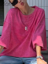 MiuKoMiYa Oversized Washed T Shirt Women Summer Cotton Top Tees Rose Red Distressed Loose Tops For Summer Tshirt Oversize 240506