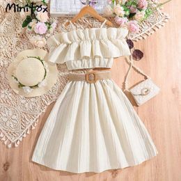 Clothing Sets MiniFox 8-12Y Teenager Girls Outfit Summer Trim Ruffle T-shirts Belted Skirts Two-Pieces Off Shoulder Kids Children
