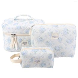 Cosmetic Bags Women Skincare Pouch 3Pcs Floral Quilted Checkered Makeup Bag Travel Case Toiletry Zipper Storage For Girl