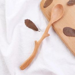 Spoons Branch Shape Long Handle Cooking Tableware Mixing Kitchen Utensil Stirring Spoon Wooden Soup