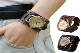 1New Style Men039s Watch Retro Punk Rock Brown Big Wide Leather Bracelet Cuff Cool Men Quartz Watch Relogio Masculino Saat Erke5007897