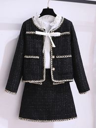 Autumn Winter Elegant Black Tweed 2 Piece Set Women Long Sleeve Woolen Jacket Short Coat Mini Skirts Suits Fashion Two 240507