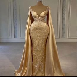 Gold Mermaid Prom Dresses With Wrap Beaded Lace Appliqued 2021 Evening Dress Party Second Reception Gowns Plus Size 300m