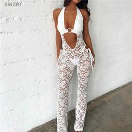 Women's Jumpsuits Rompers Hirigin womens hollow lace tight fitting jumpsuit collar sleeveless display hollow pants solid Colour summer tight fitting clothes WX