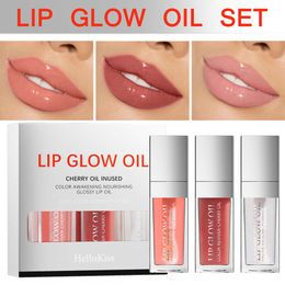 Hellokiss Lip Moisturizing Oil Set Kombination 3in1 feuchtigkeitsspendende und feuchtigkeitsspendende Dudu Lippenhonigspiegel transparenter Lippenstift